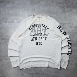 Y2K White Aeropostale Grunge Skater Distressed Long Sleeve Shirt